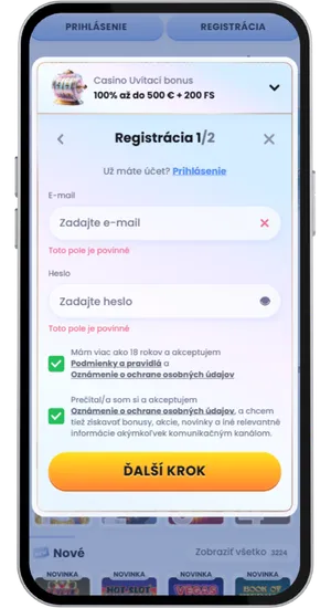 Registračný formulár pre vytvorenie herného účtu v online kasíne